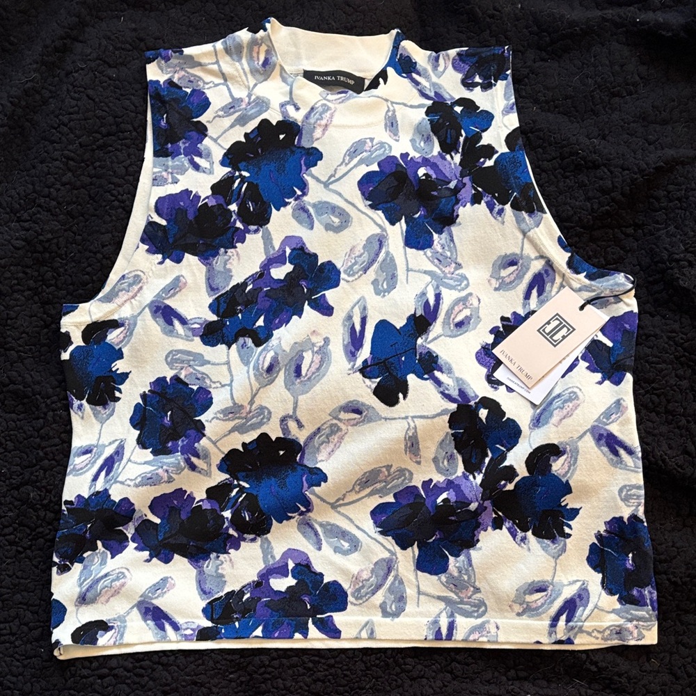 Ivanka Trump Blue and White Floral Sleeveless Tee